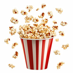 Realistic bucket of popcorn with flying kernels, isolated on transparent background. Generative Ai.