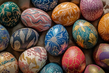 Colorful glittered Easter eggs arranged together display intricate patterns and vibrant hues, capturing the essence of festive celebrations during this joyful springtime event