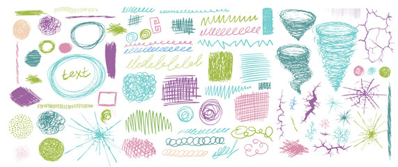 Graffiti doodle punk and shapes collection. Hand drawn abstract scribbles and squiggles, creative various shapes, pencil drawn icons. Scribbles, scrawls curly lines. Not AI Vector illustration.