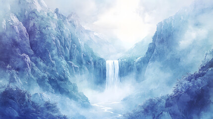 Serene Waterfall in Misty Mountain Valley A Watercolor Dream