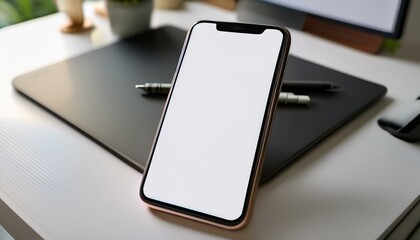 Mockup de pantalla de smartphone en escritorio minimalista