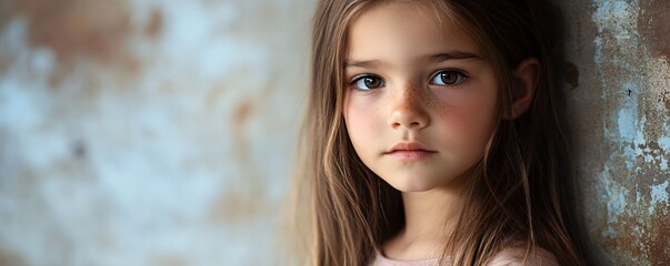 Portrait of cute little girl with freckles posing near old wall