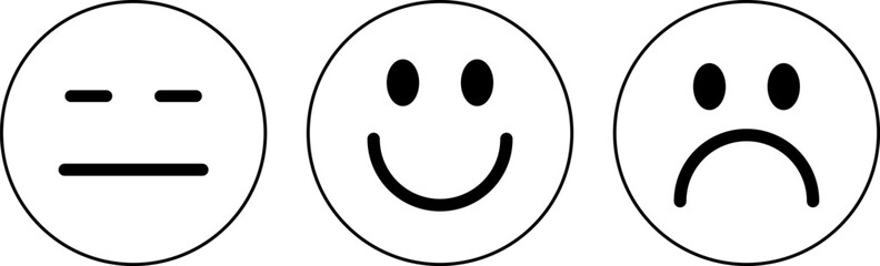  Emotions icons set. Faces or happy, neutral and sad emoji in circle shape. linear emoji. Vector illustration. EPS 10