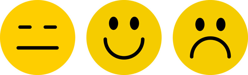  Emotions icons set. Faces or happy, neutral and sad emoji in circle shape. Yellow color. Vector illustration. EPS 10