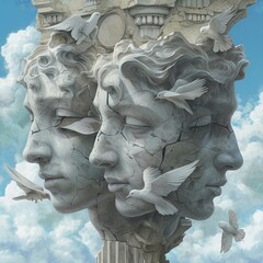 Surrealistic illustration of Greek god statues with fragmented marble heads, clouds, and birds. A blend of classical sculpture and surrealism creating a dreamlike mythological artwork.