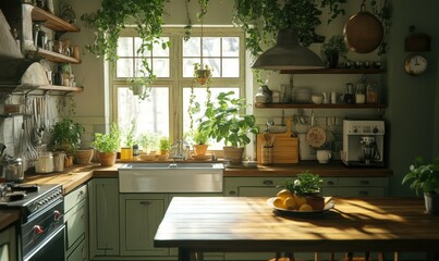 Cozy farmhouse kitchen with rustic wooden countertops, potted plants, and vintage decor, exuding warmth and nostalgia