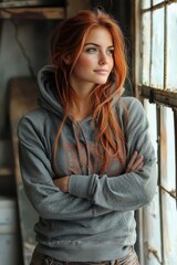 Fototapeta premium Young woman with red hair in hoodie stands by window in rustic setting during daylight hours