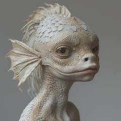 Naklejka premium Hyperrealistic Mermaid with Scaled Face, Fins, White Hair, Rybinsk Eyes and Sharp Teeth – Surreal Aquatic Fantasy Creature with Thin Body, Broad Shoulders, and a Mystical Deep-Sea Aesthetic.