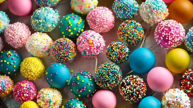 A background completely filled with assorted cake pops, packed tightly together in a variety of colorful frostings and sprinkles to create a fun, festive surface.