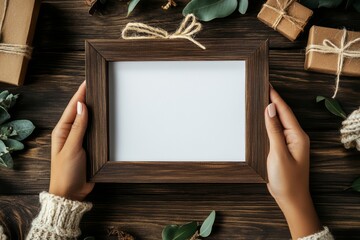 Elegant empty frame mockup held by hands among decorative gifts and greenery arrangement for showcasing personalized art or messages