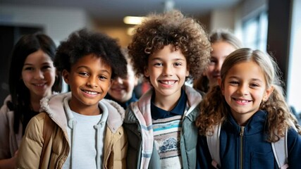 Back to school Happy diverse junior schoolchildren group looking at camera standing in classroom. Smiling multiethnic cool kids boys and girls friends posing for group portrait together