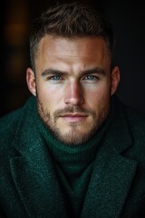 Obraz premium Portrait of a man with striking blue eyes in a dark green turtleneck sweater against a blurred background