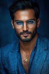 Fototapeta premium Stylish man poses confidently with glasses, showcasing modern fashion in a portrait taken indoors