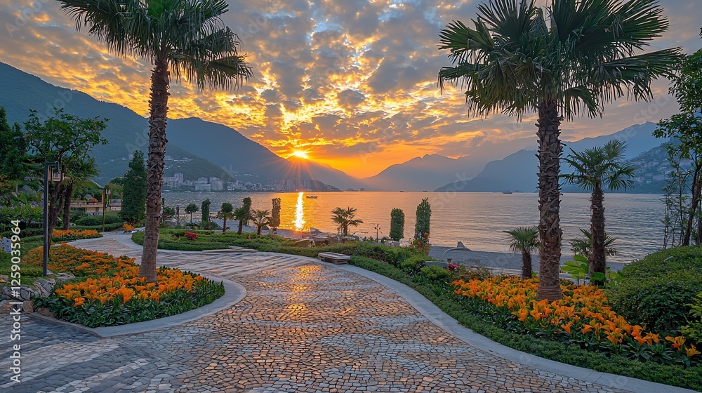 Sticker Sunset over bay, coastal promenade, palm trees, flowers