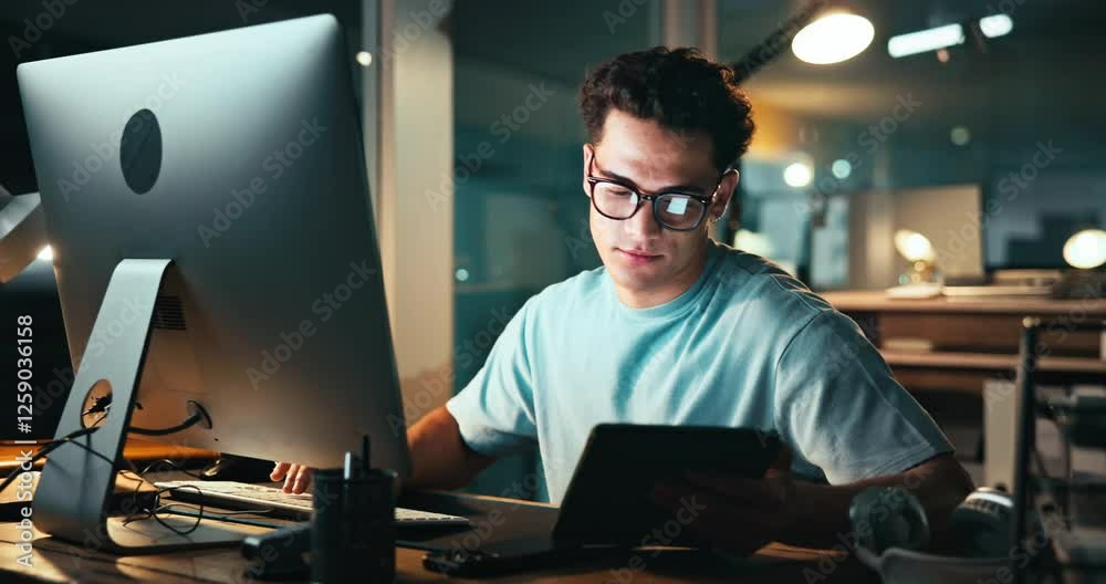 Poster Night, businessman and reading on computer for programming, web development or project in office. Programmer, glasses and typing on tablet for company cybersecurity, problem solving and deadline work