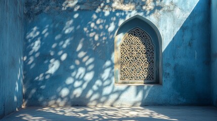 An ethereal light blue backdrop adorned with an intricate shadow cast by an Islamic ornament adorning the wall, creating a captivating and serene ambiance.