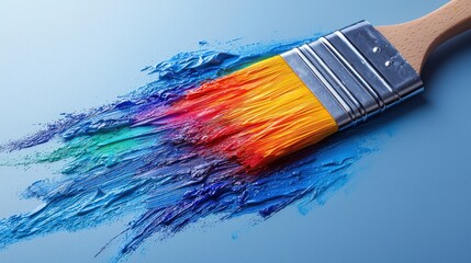 Obraz premium Paintbrush strokes vibrant rainbow colors on blue canvas