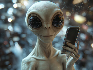 An alien with large, curious eyes holds a mobile phone, seemingly exploring human technology. The futuristic setting and glowing lights add to the intrigue of this extraterrestrial encounter.