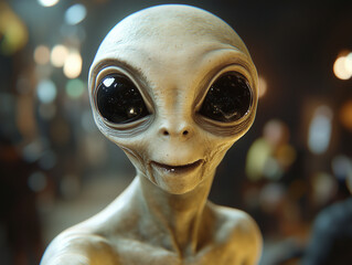 An alien with large, expressive eyes smiles warmly, its otherworldly features illuminated by glowing lights. The serene expression adds a touch of curiosity and charm to this extraterrestrial being.