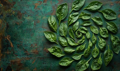 Fototapeta premium Fresh spinach leaves arranged in an artistic spiral pattern on a rustic wooden table, their deep green tones enhanced by natural light.