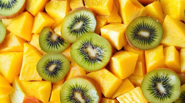 A seamless spread of mixed tropical fruits like mango, pineapple, and kiwi slices, tightly arranged to fill the entire frame with their vibrant colors and juicy textures.