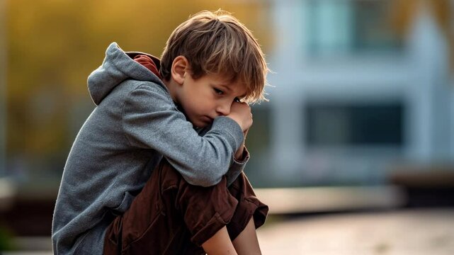 Side view of a sad Crestfallen Crying child boy sitting on the floor at the schoolyard	
