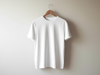 Mockup de camiseta blanca en percha de madera para diseño de estampado