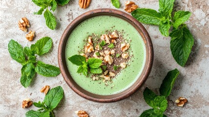 Refreshing matcha smoothie bowl with mint and nut toppings