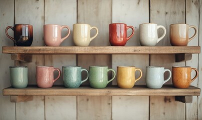 Glossy handmade ceramic mugs in soft neutral tones displayed on a wooden shelf, emphasizing artisanal craftsmanship and authenticity.
