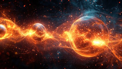 Abstract visualization of positive and negative ions as glowing orbs surrounded by dynamic energy waves.