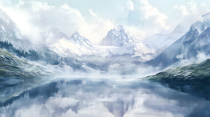 Serene Winter Landscape Misty Mountain Lake Reflection