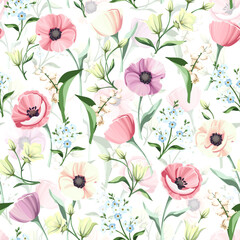 Seamless floral pattern with pink, purple, blue, and white flowers on a white background. Vector floral print