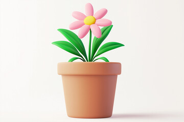 pot with a flower and a sticker on it 3D style on a white background