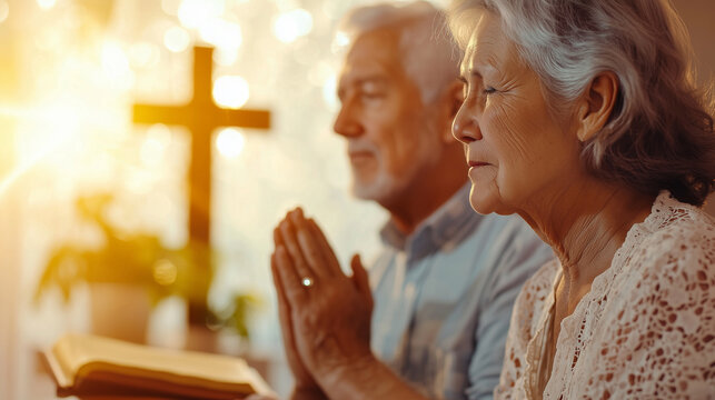 Elderly Couple in Devoted Prayer in Cozy Sunlit Living Room