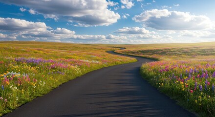 Naklejka premium Drive Through Wildflower Meadow with Winding Road and Blue Sky