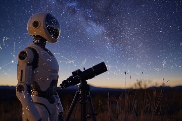Robot stargazer observing constellations through telescope under a starry night sky in a remote location