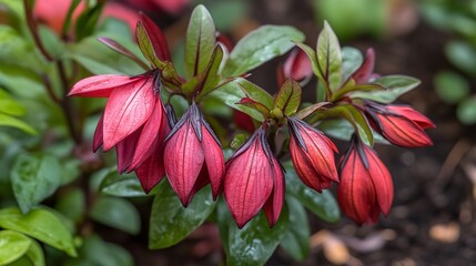 Close-up image of Lamprocapnos spectabilis flowers in full bloom. Each flower features a unique shape resembling a bleeding heart, with a vibrant color that adds visual interest to any garden 