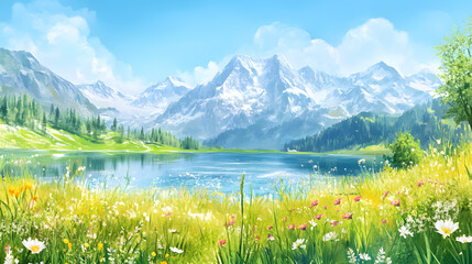 Serene Alpine Lake and Mountain Landscape with Wildflowers