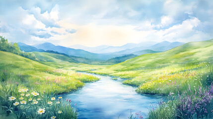 Fototapeta premium Serene Mountain Meadow Landscape with River