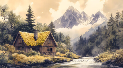 Obraz premium Secluded Mountain Cabin by a Tranquil River