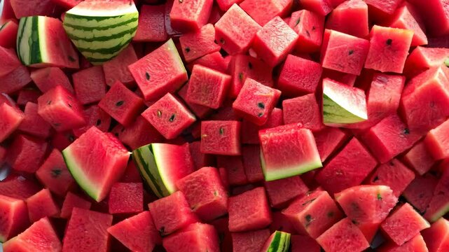 A background completely filled with watermelon cubes and slices, packed tightly together to create a juicy, vibrant pink and green surface.