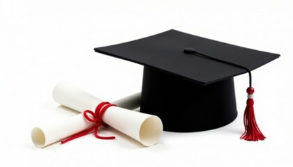 Black graduation cap & diploma, isolated white background , mortarboard, aspiration