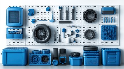 Obraz premium Organized Blue and Black Tools and Parts on Pegboard Wall