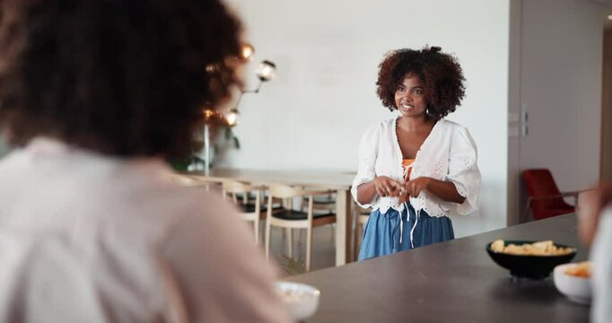 Woman, acting game or clue in living room with friends for challenge, fun and bonding together. Person, playing pantomime and party for weekend, social gathering or activity in apartment or house