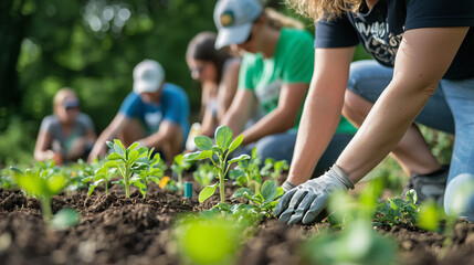 Community Volunteers Planting Sustainable Sprouts in Garden Field