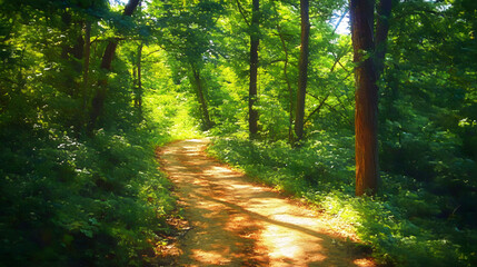 Obraz premium Sunlit Path Through Lush Green Forest