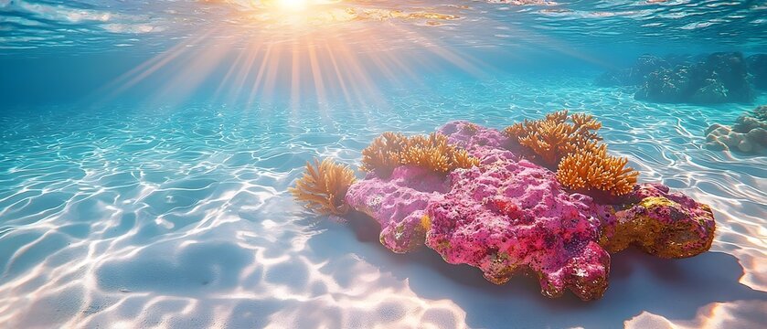 Breathtaking underwater scene showcasing vibrant coral reef bathed in sunlight, embodying the serenity and beauty of marine life in a clear blue ocean.