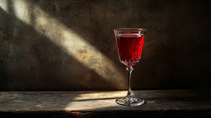 Glass of red wine on table, representing alcoholism, celebration, or holiday. 