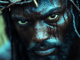 A powerful close-up of a man with a crown of thorns, embodying the suffering and sacrifice of Jesus. The water dripping from his face symbolizes the pain and emotional depth of the Easter story.