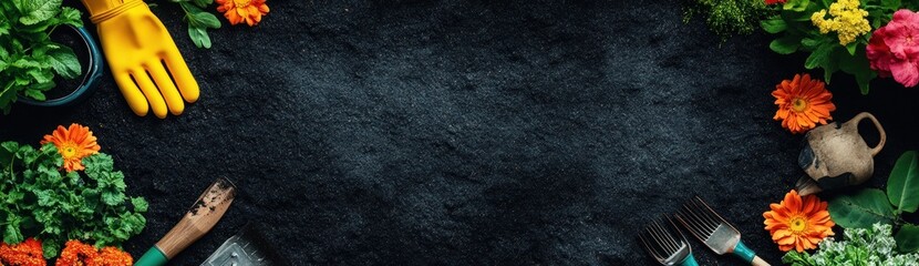 Gardening Tools and Flowers on Dark Soil Background